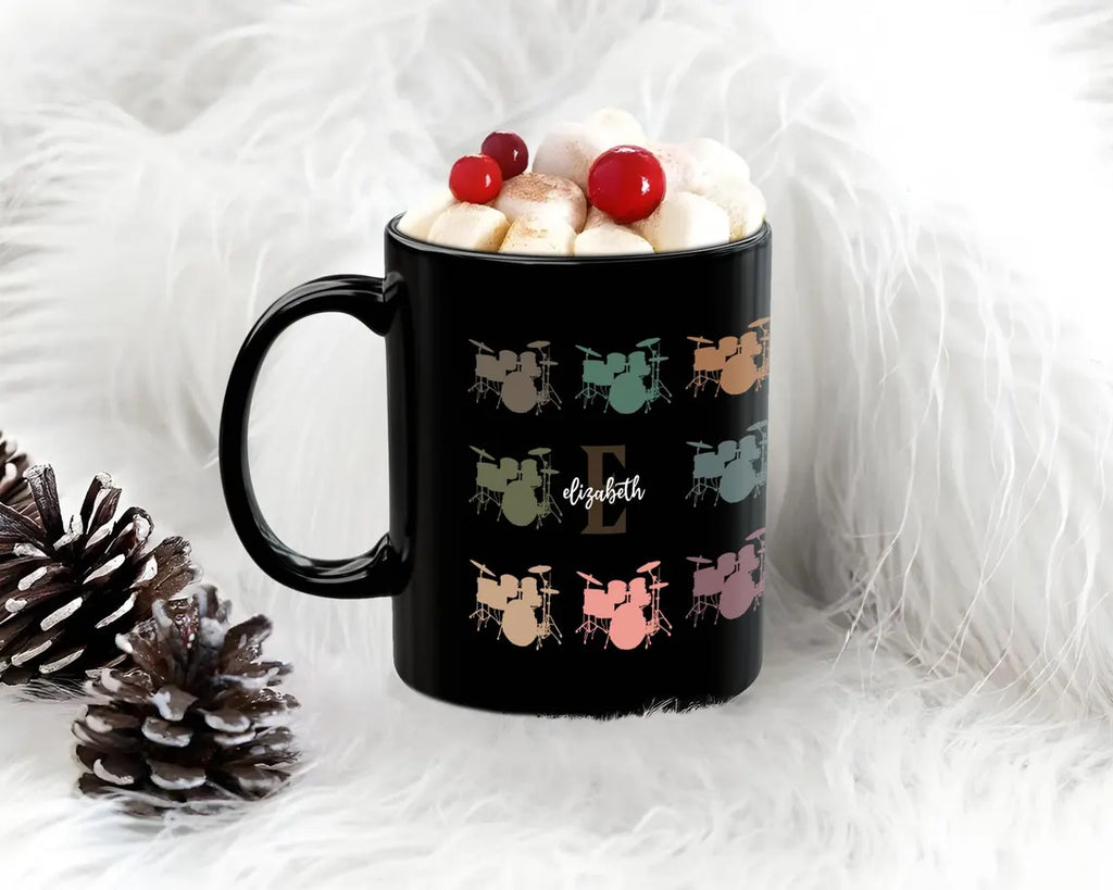 Personalized Drummer Coffee Mug - Custom Name Initial Music Lover Cup - Retro Drum Set Coffee Mug Unique Drummer Gift