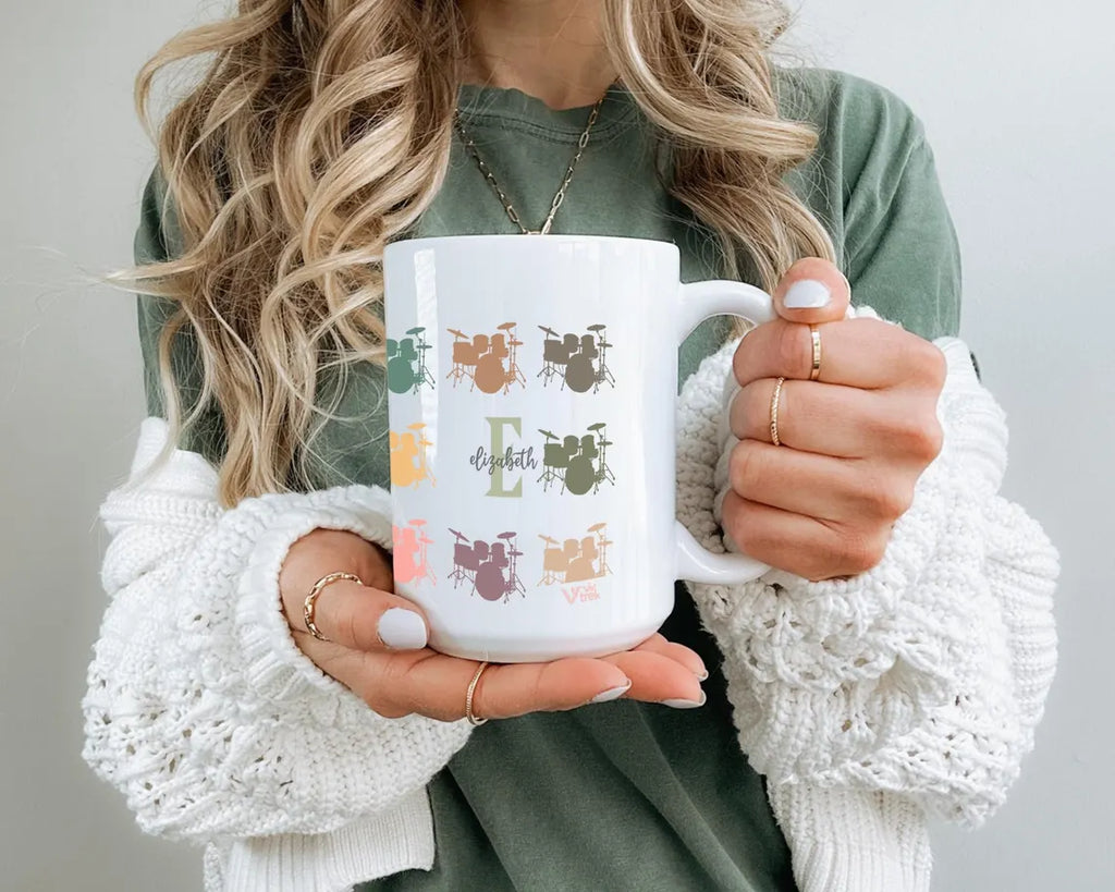 Personalized Drummer Coffee Mug - Custom Name Initial Music Lover Cup - Retro Drum Set Coffee Mug Unique Drummer Gift