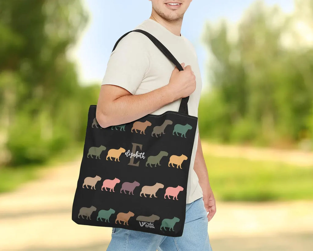 Custom Initial Name Capybara Tote Bag – Vintage Personalized Lover Gift – Retro Cute Rodent Shoulder Bag