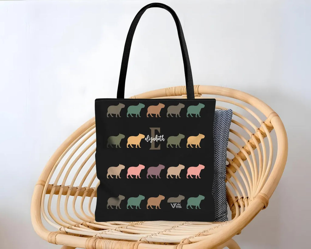 Custom Initial Name Capybara Tote Bag – Vintage Personalized Lover Gift – Retro Cute Rodent Shoulder Bag