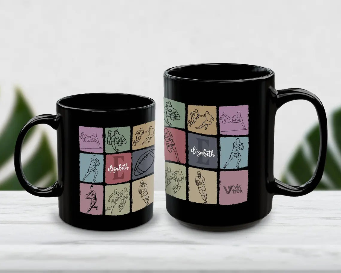 Personalized Name Initial Rugby Mug - Custom Rugby Lover Cup - Vintage Sports Fan Drinkware Unique Rugby Player Gift Retro
