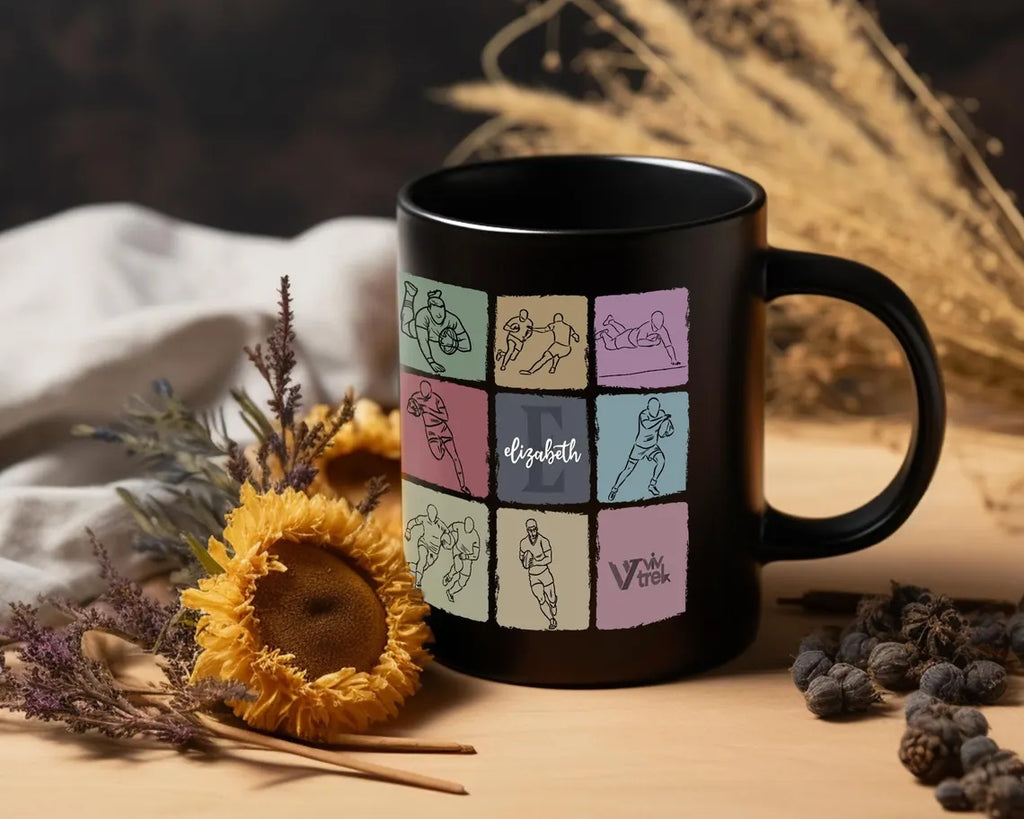 Personalized Name Initial Rugby Mug - Custom Rugby Lover Cup - Vintage Sports Fan Drinkware Unique Rugby Player Gift Retro