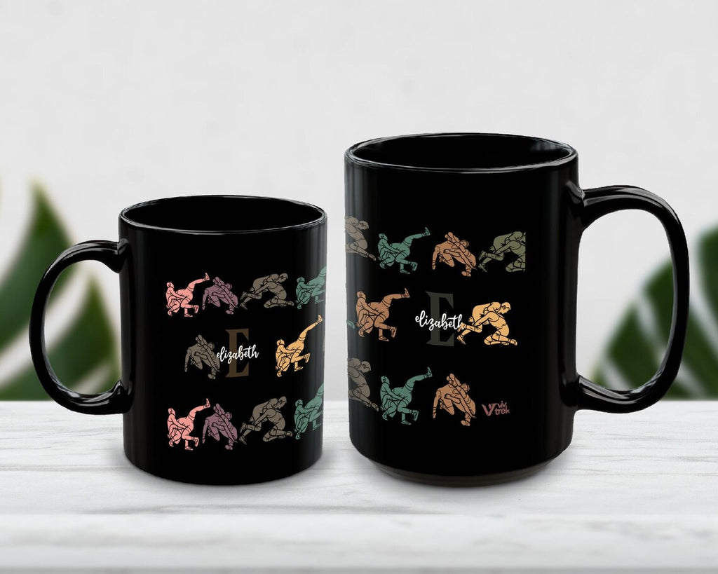 Custom Name Initial Wrestling Mug - Custom Personalized Sports Cup - Retro Wrestler Gift Unique Athlete Drinkware Vintage