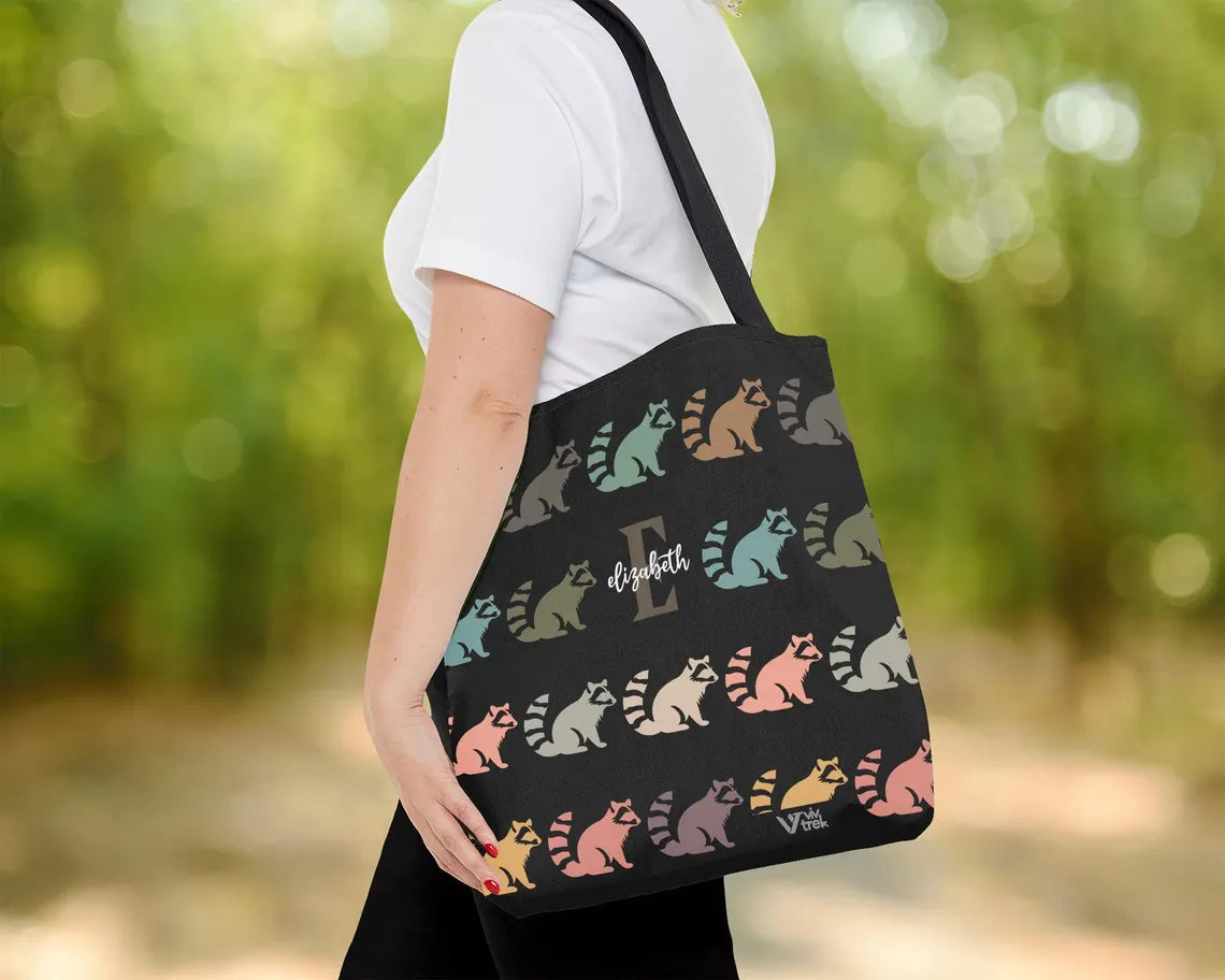 Custom Initial Name Raccoon Tote Bag – Personalized Trash Panda Gift – Retro Animal Print Shopper