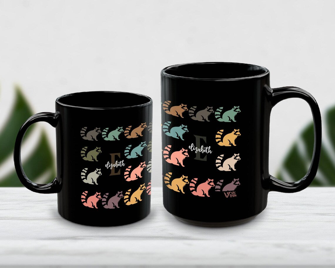 Custom Initial Name Raccoon Mug – Personalized Trash Panda Cup – Vintage Raccoon Graphic Gift – Funny Animal Coffee