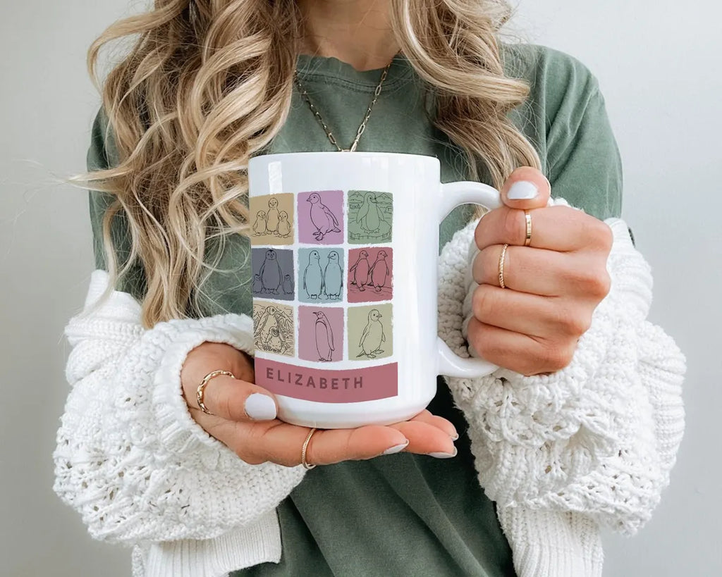 Custom Name Penguin Coffee Mug - Personalized Ocean Animal Lover Cup - Vintage Penguin Graphic Mug Kawaii Gift