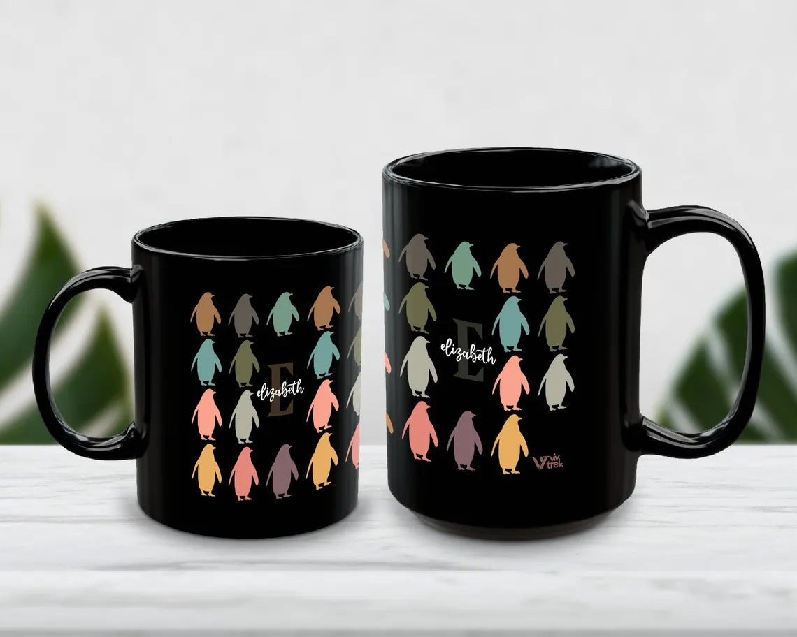 Personalized Initial Penguin Coffee Mug - Custom Name Ocean Animal Lover Cup - Vintage Penguin Graphic Mug Kawaii Gift