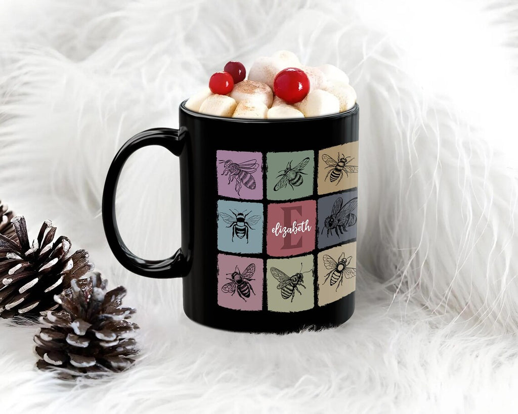 Custom Initial Name Mug | Personalized Queen Bee Gift | Vintage Honeybee Cup | Cozy Animal Lover Present | Unique Bee Keeper Drinkware