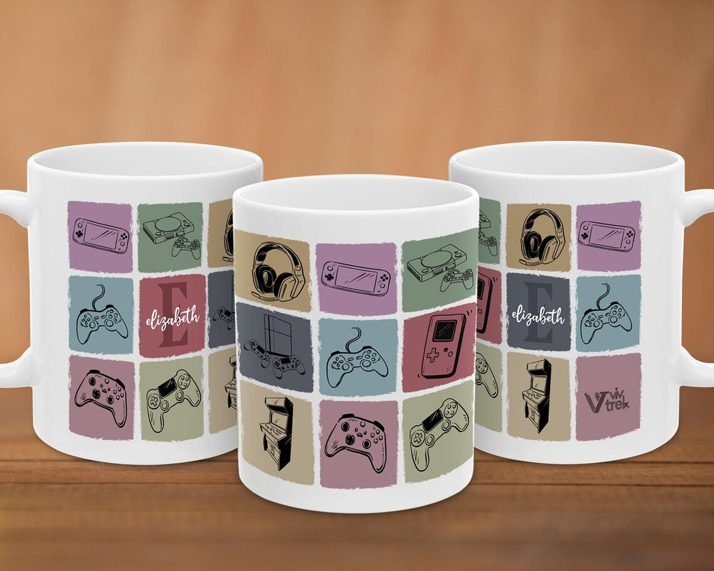 Custom Initial Name Mug | Personalized Video Gaming Coffee Cup | Vintage Retro Gamer Gift Idea | Classic Console Present for Game Lovers