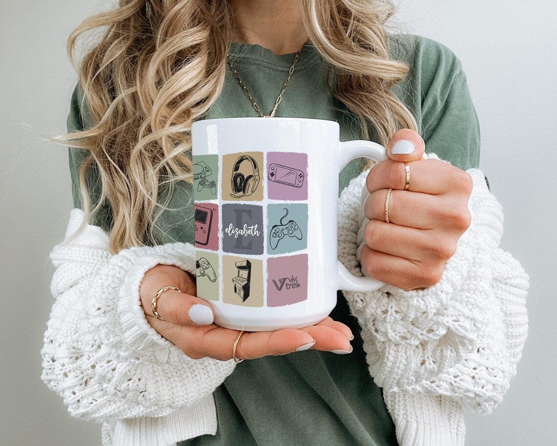 Custom Initial Name Mug | Personalized Video Gaming Coffee Cup | Vintage Retro Gamer Gift Idea | Classic Console Present for Game Lovers