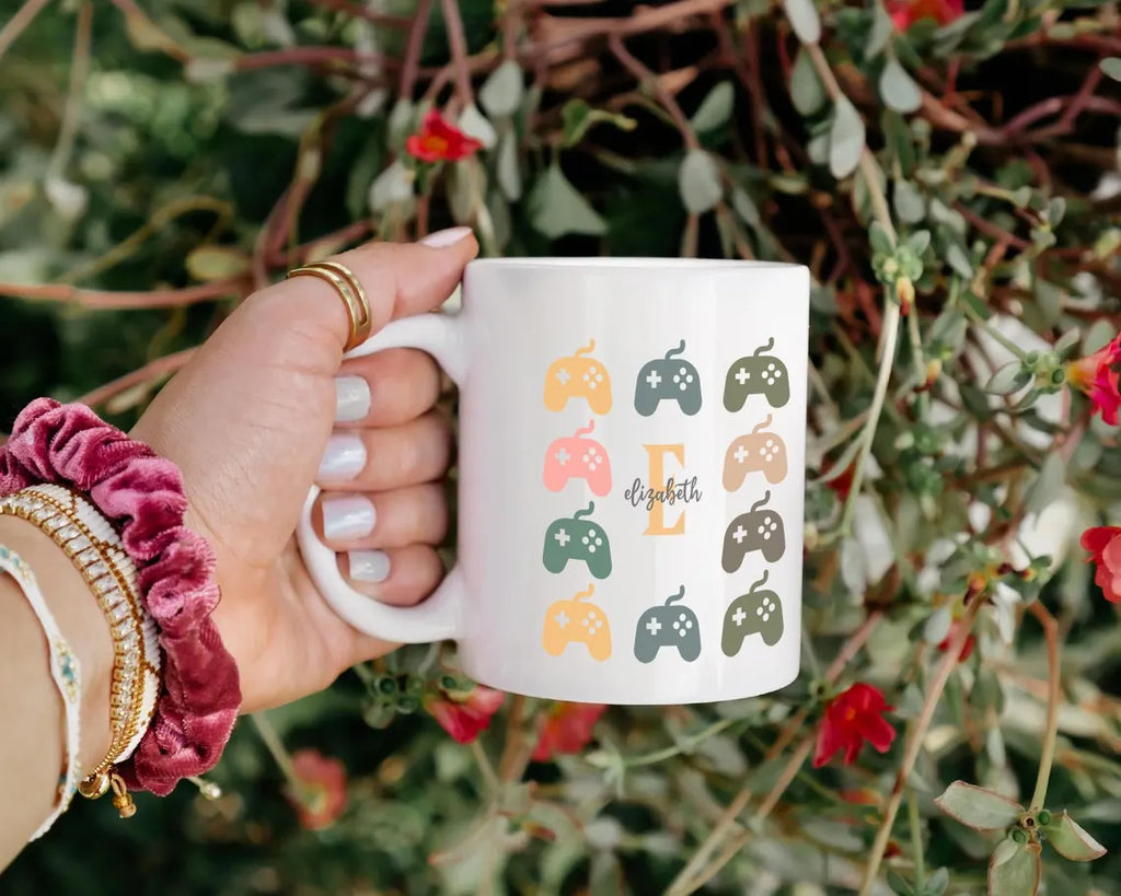 Custom Initial Name Mug | Personalized Retro Video Gaming Coffee Cup | Arcade Gamer Gift | Fun Classic Game Lovers Player Present