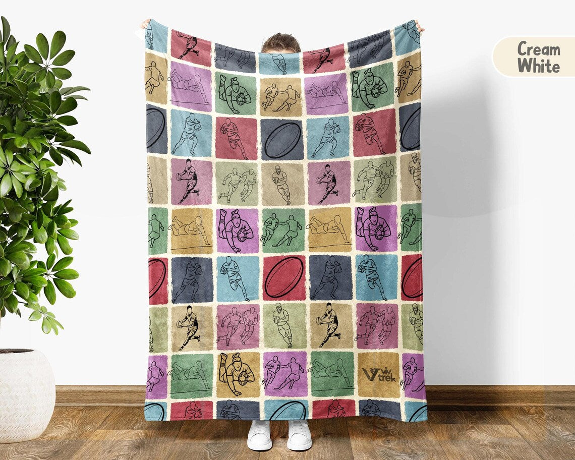 Vintage Rugby Player Gift Blanket - Retro Rugby Lover Throw - Cozy Sports Fleece Unique Rugby Decor Graphic Rugby Gift