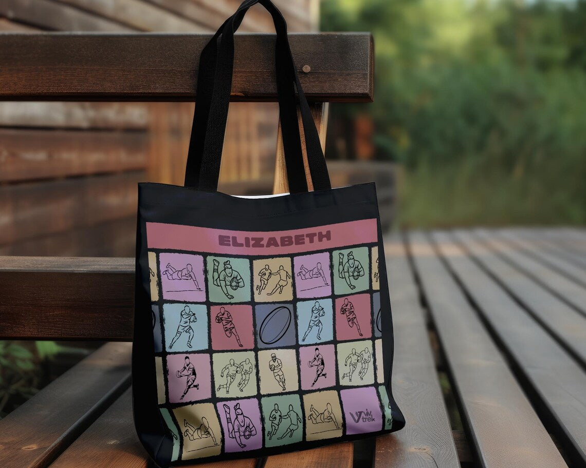 Custom Name Rugby Player Tote Bag - Personalized Rugby Lover Gift - Retro Sports Graphic Cozy Team Player Travel Shopper