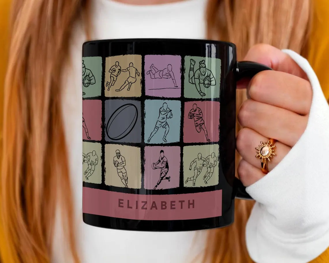Custom Name Rugby Mug - Vintage Personalized Rugby Lover Cup - Retro Sports Fan Drinkware Unique Rugby Player Gift