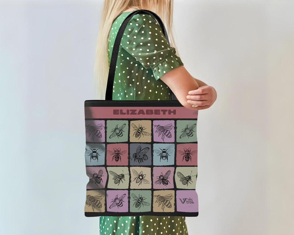 Custom Name Bee Tote Bag | Personalized Honey Lover Gift | Retro Nature Shopper | Vintage Bee Graphic Bag Unique Eco Friendly Present