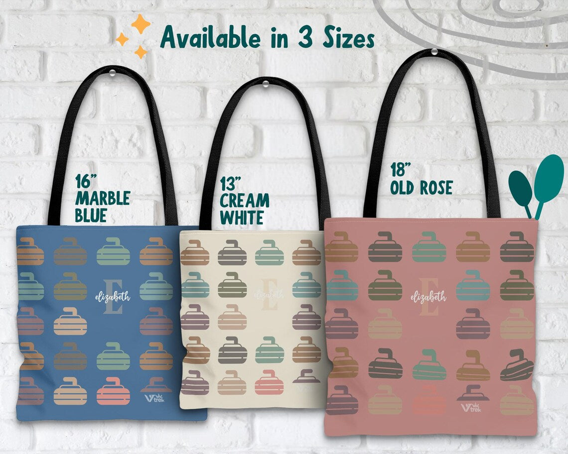 Personalized Curling Initial Tote Bag – Custom Initial Name Sports Gift Under $25, Retro Curling Stone Tote for Athletes 🥌