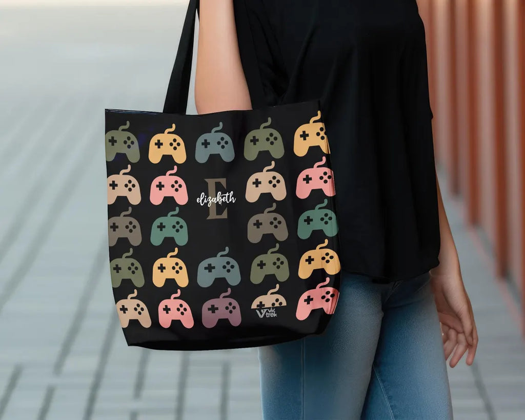 Personalized Video Gaming Initial Tote Bag | Custom Name Gamer Gift | Retro Game Lover Shopper | Vintage Graphic Carry Bag Present