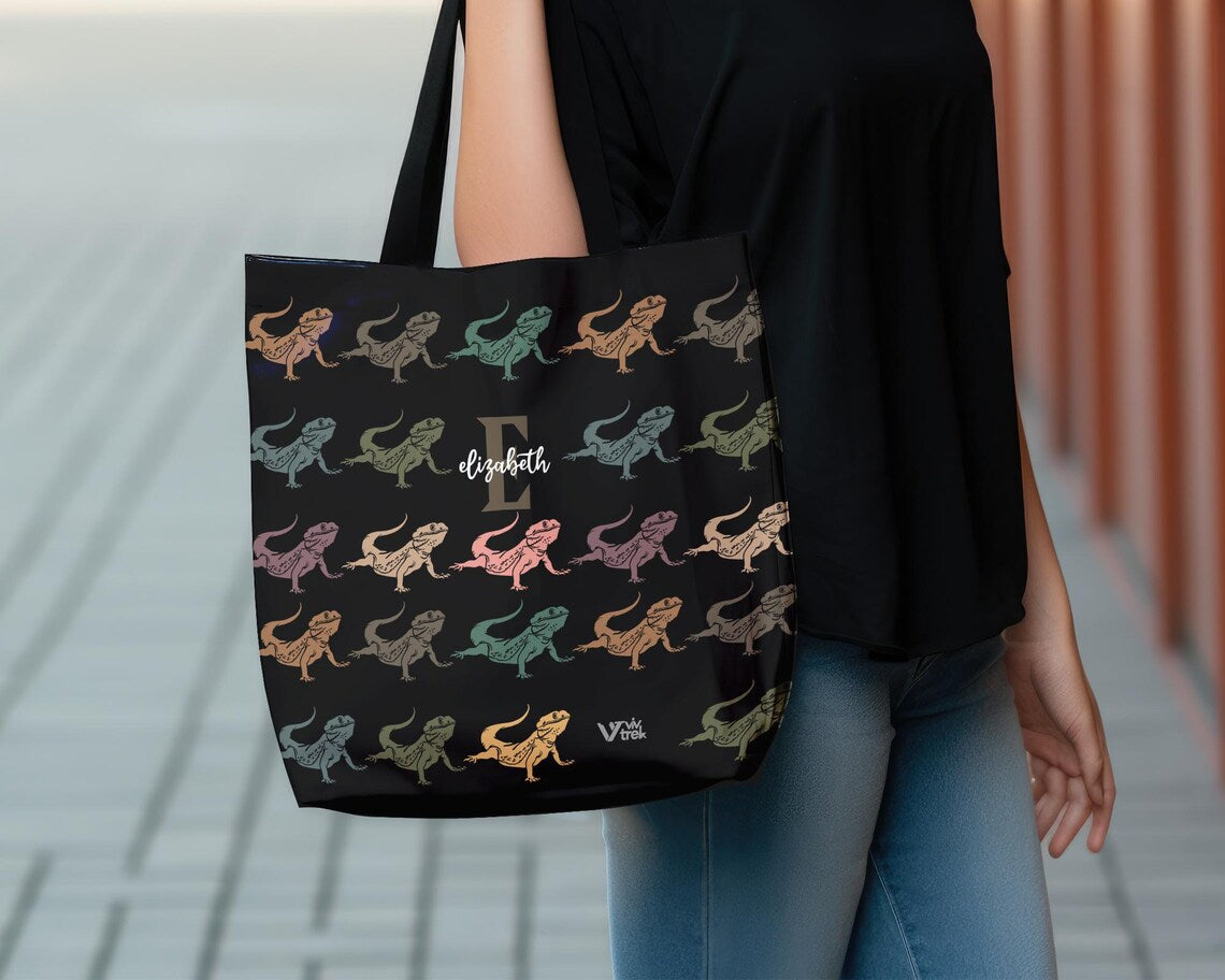 Personalized Bearded Dragon Initial Tote Bag | Custom Name Reptile Lover Gift | Retro Pet Shopper | Vintage Bearded Dragon Graphic Carry Bag