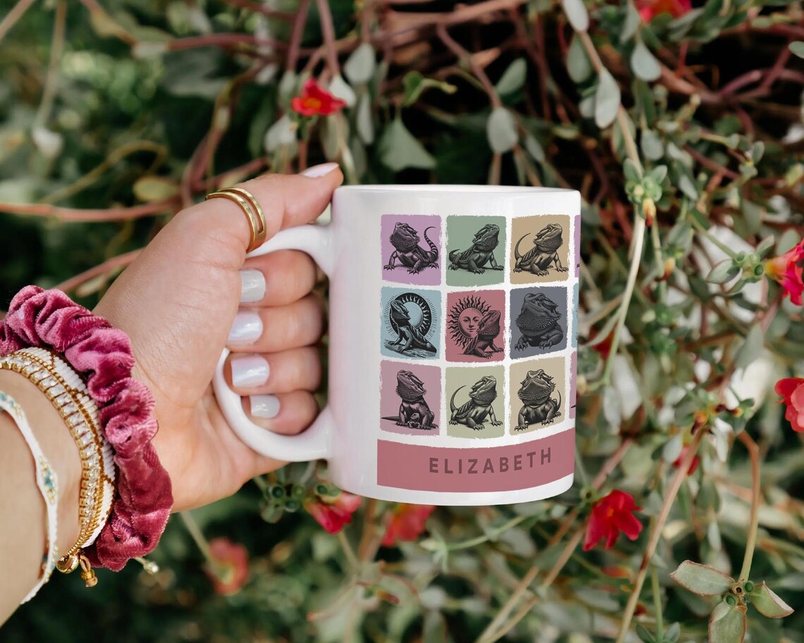 Custom Name Bearded Dragon Mug | Personalized Reptile Lover Cup | Retro Bearded Dragon Coffee Mug | Unique Bearded Dragon Gift for Pet Owners