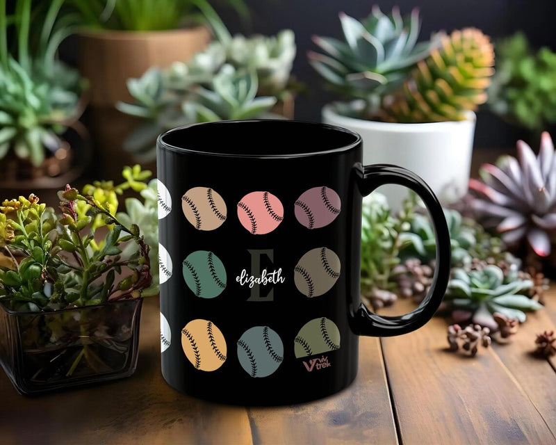 Custom Initial Name Mug – Personalized Retro Baseball Fan Cup – Unique Athlete Gift for Game Day