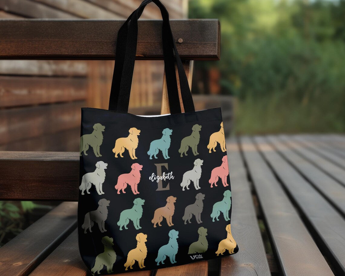 Personalized Initial Golden Retriever Dog Tote Bag | Custom Name Gift | Retro Vintage Pet Owner Shopper