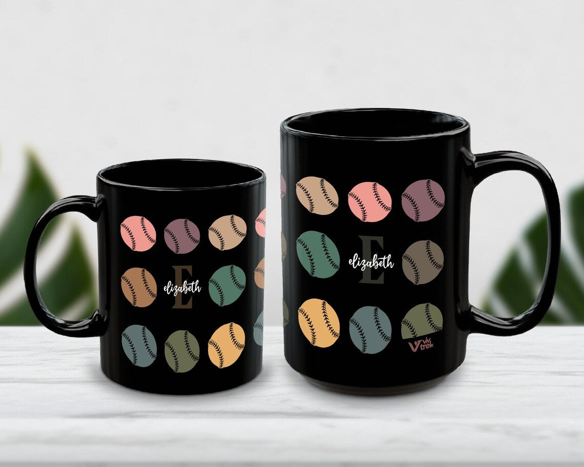 Custom Initial Name Mug – Personalized Retro Baseball Fan Cup – Unique Athlete Gift for Game Day