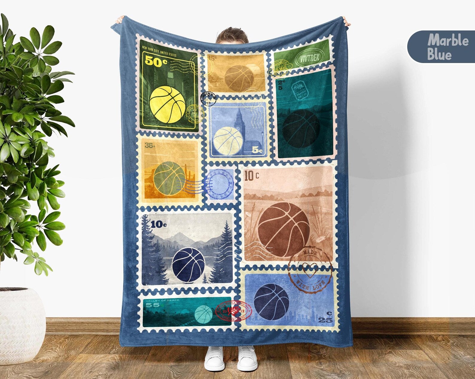 Basketball Stamp Blanket – Custom Hoop Lover Throw – Cozy Fleece Gift for Basketball Players and Coaches