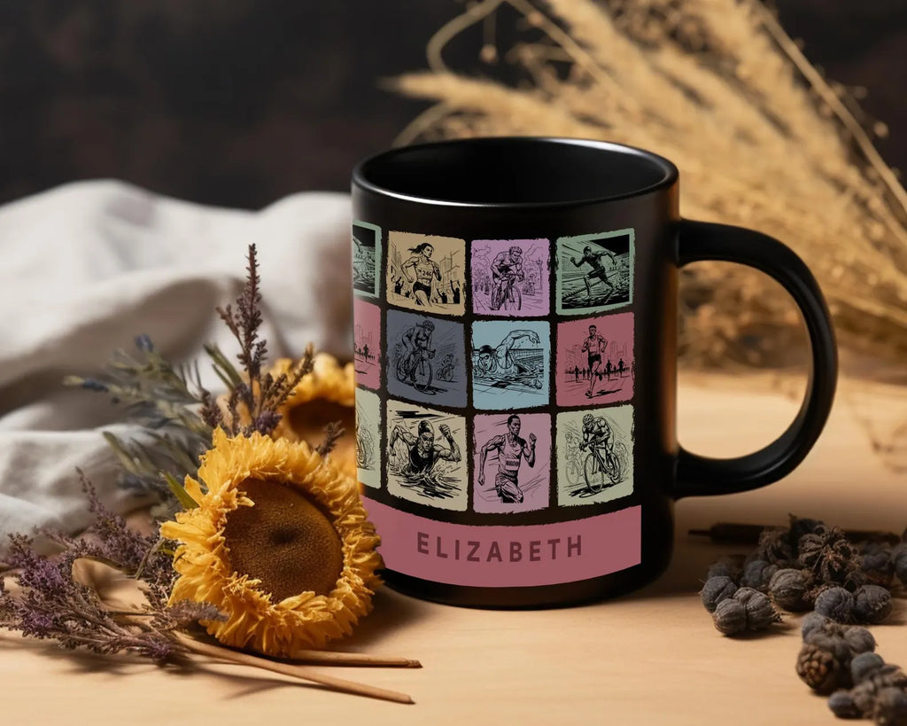 Personalized Triathlon Mug - Custom Name Swim Bike Run Coffee Cup - Unique Endurance Athlete Gift for Triathletes, Ironman Finisher & Marathoners