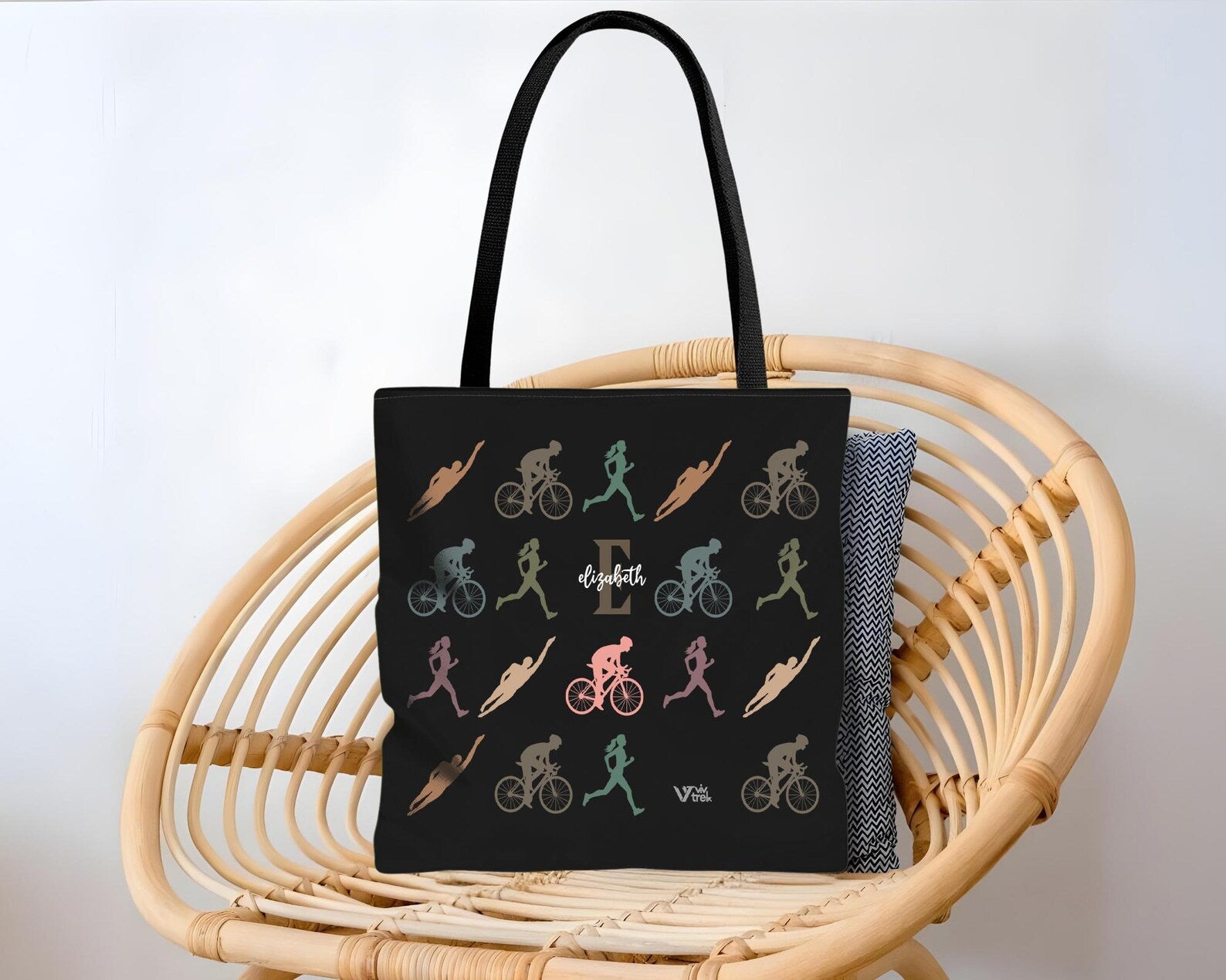 Personalized Triathlon Tote Bag - Custom Name Initial Triathlete Shoulder Bag - Vintage Swim Bike Run Gift for Her & Him - Durable Athlete Gear Bag