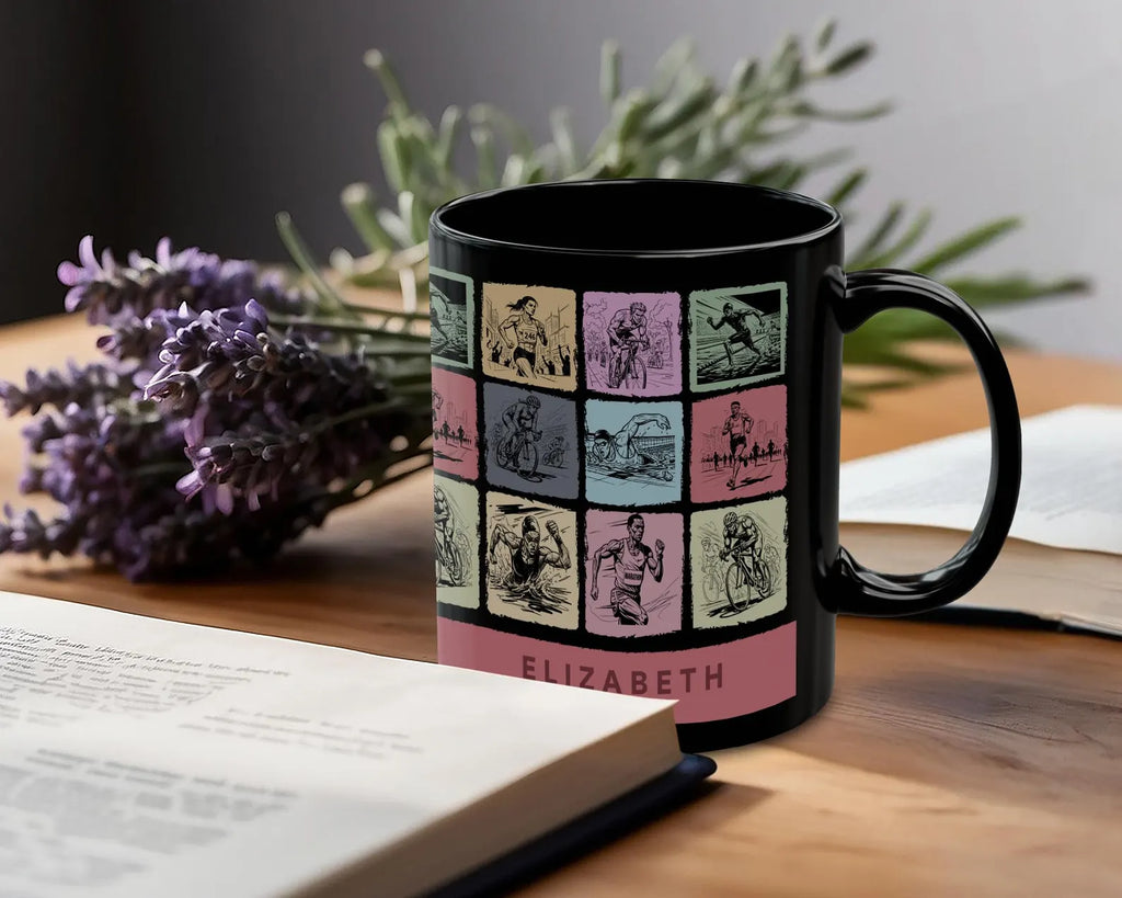 Personalized Triathlon Mug - Custom Name Swim Bike Run Coffee Cup - Unique Endurance Athlete Gift for Triathletes, Ironman Finisher & Marathoners
