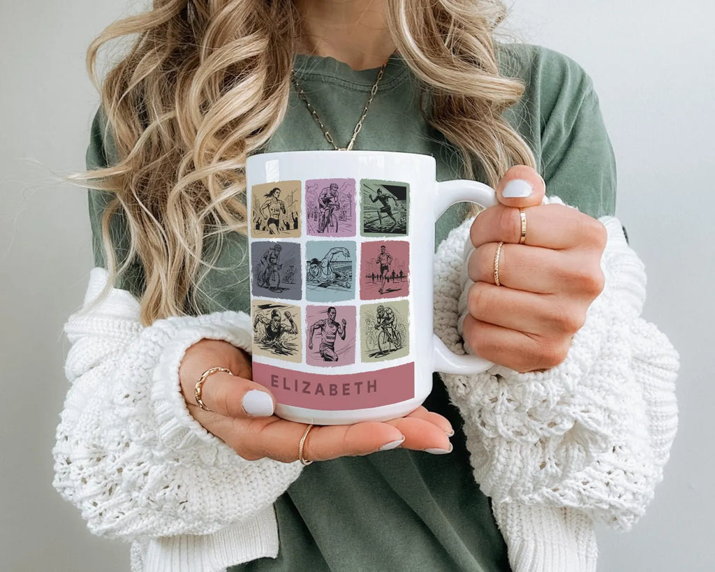 Personalized Triathlon Mug - Custom Name Swim Bike Run Coffee Cup - Unique Endurance Athlete Gift for Triathletes, Ironman Finisher & Marathoners