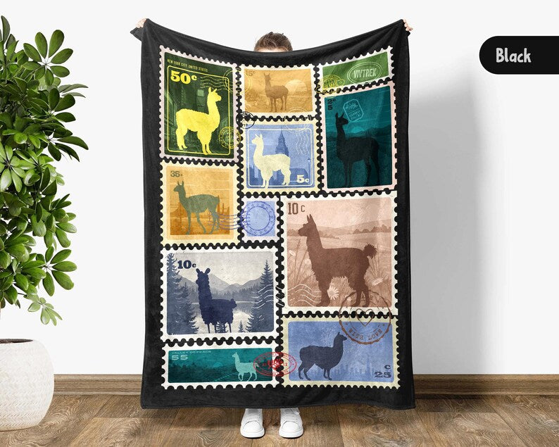 Retro Llama Alpaca Lover Blanket, Cute Animal Stamp Blanket Gift