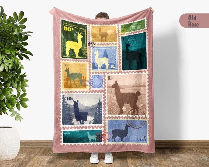 Retro Llama Alpaca Lover Blanket, Cute Animal Stamp Blanket Gift