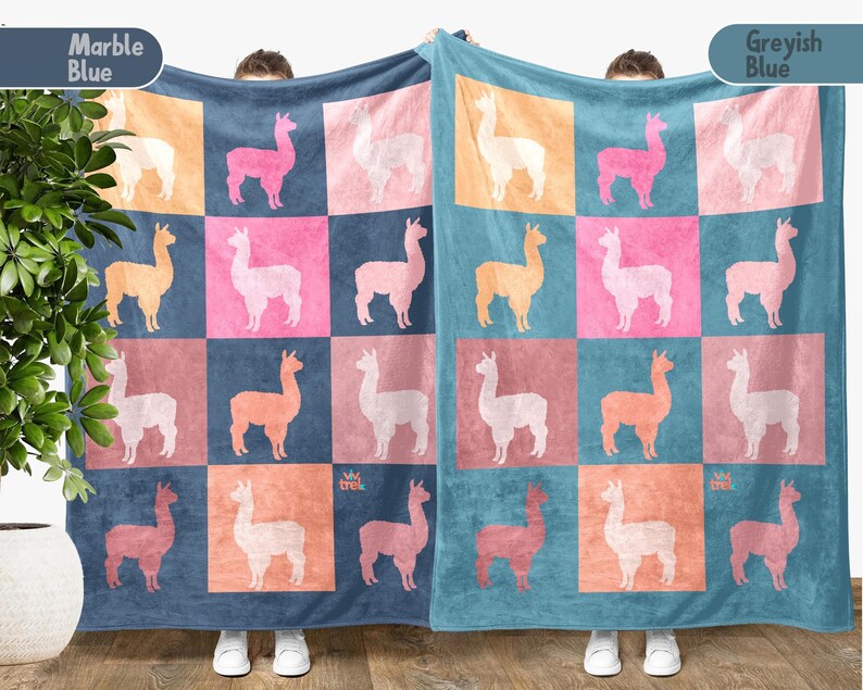 Checkered Llama Lover Blanket, Cute Animal Pastel Block Blanket Gift