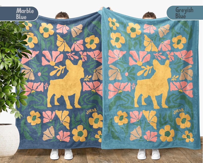 Cute French Bulldog Blanket | Floral Vintage Frenchie Throw | Dog Lover Gift