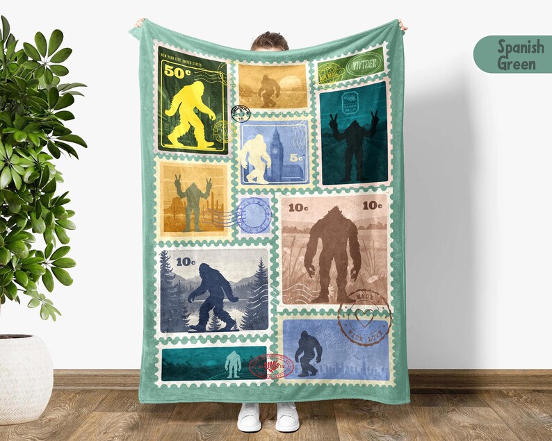 Vintage Bigfoot Gift Blanket, Sasquatch Lover Stamp Throw