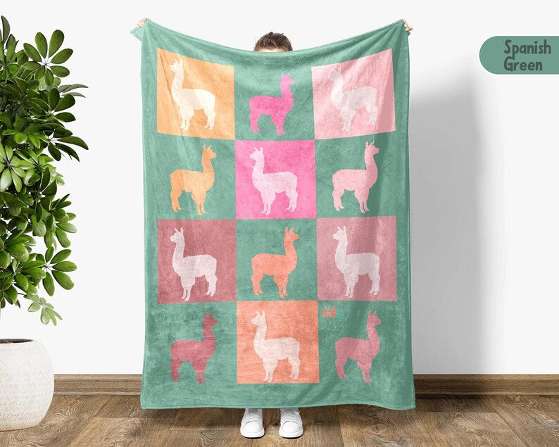 Checkered Llama Lover Blanket, Cute Animal Pastel Block Blanket Gift